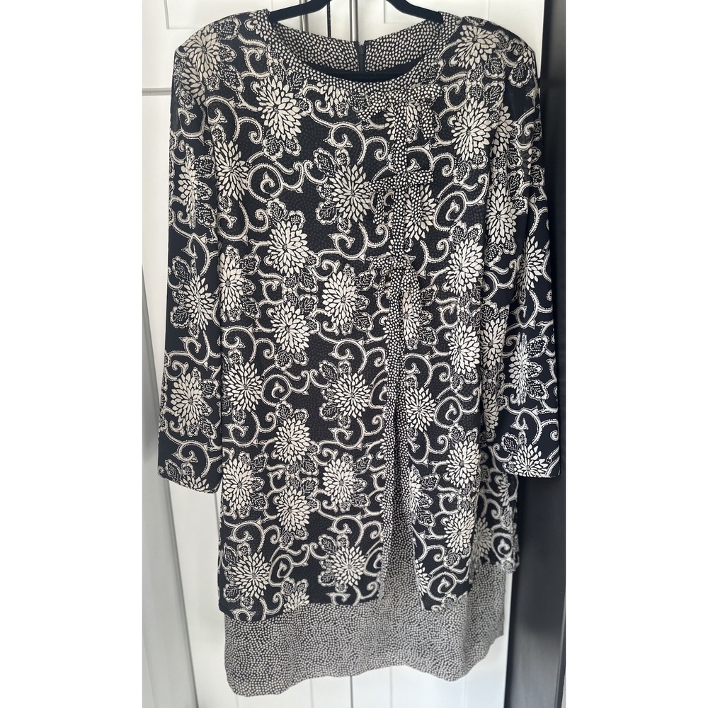 Vintage Evan Picone Dress Womens 16 Black Floral Layered Padded Shoulder 0333